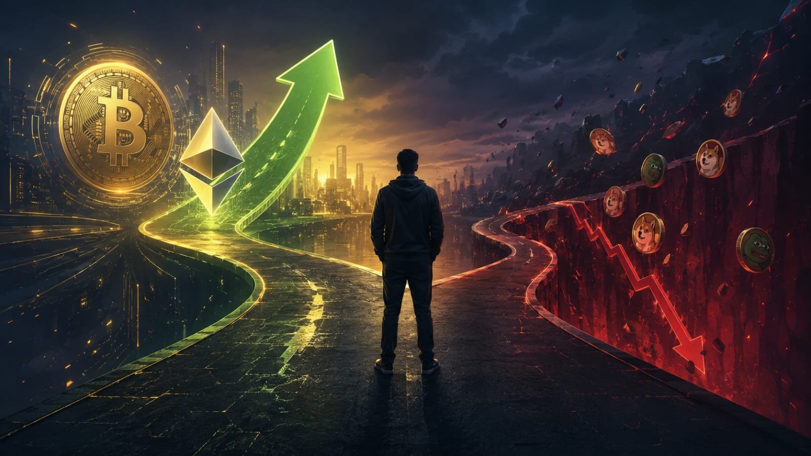Person standing at crypto crossroads choosing between utility coins and meme coins 2026