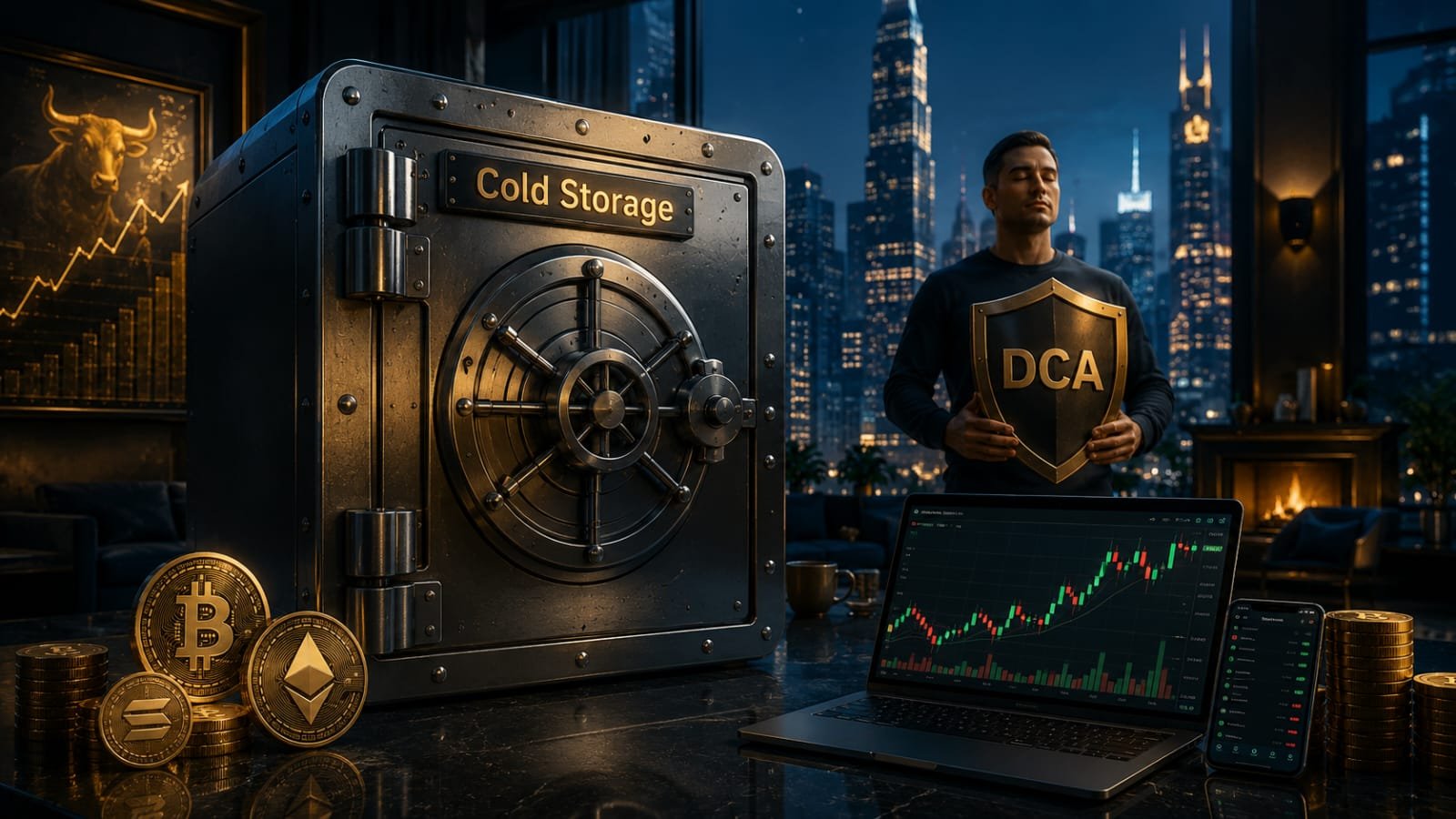 Crypto cold storage vault and DCA shield illustration for risk management