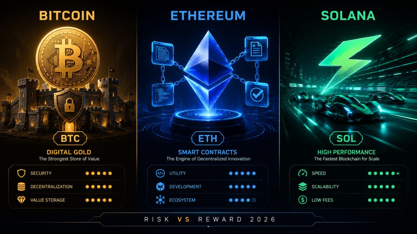 Bitcoin vs Ethereum vs Solana comparison infographic 2026 risk and reward analysis
